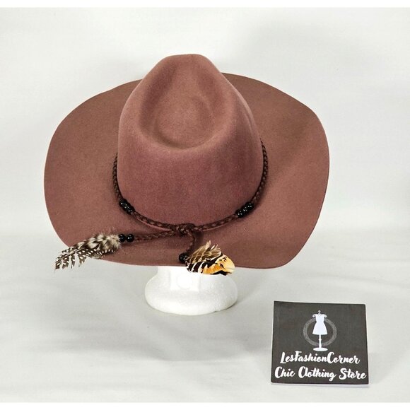 NWOT Brooklyn Hat Co.Deep Dusty Rose Felt Boho Fedora Feathers Leather Sz M 1622 - Picture 2 of 11